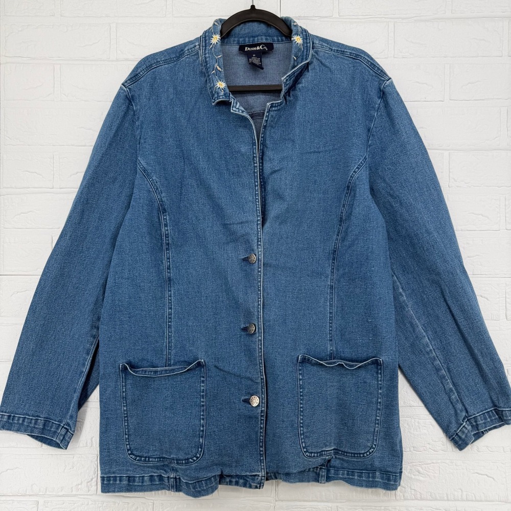 Denim & Co. Jean Jacket Womens 1X Daisy Floral Embroidered Blue Denim Chore Coat